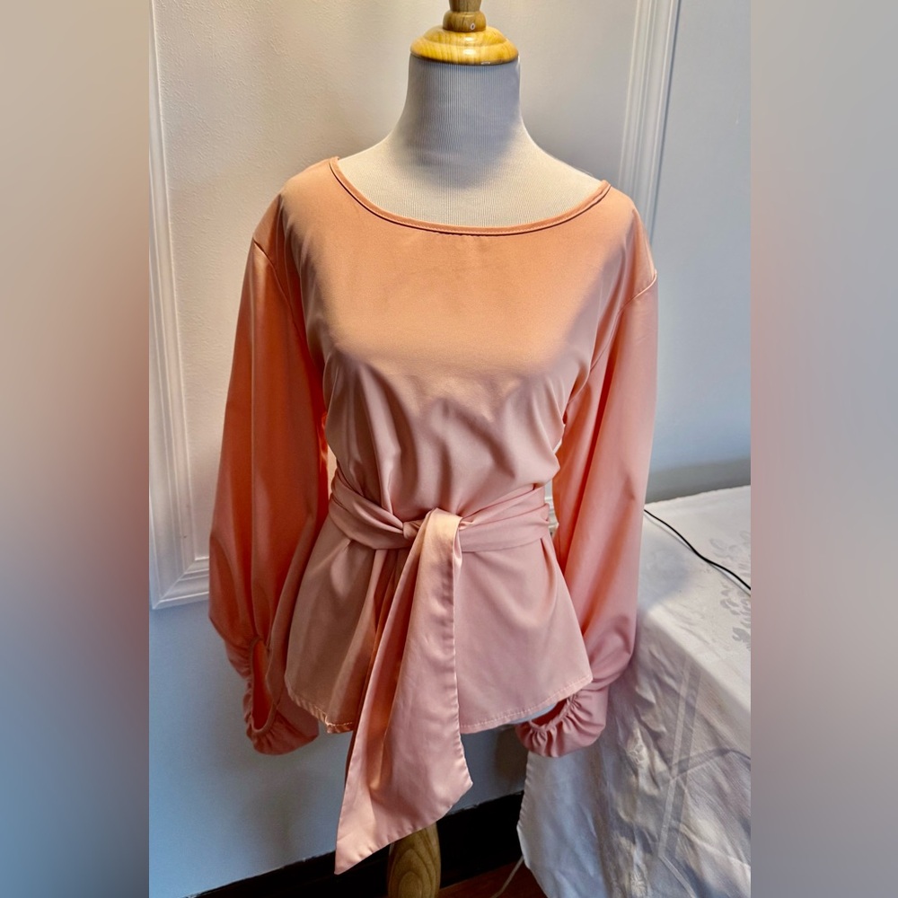 Pink Puff Sleeve Blouse with Tie Front